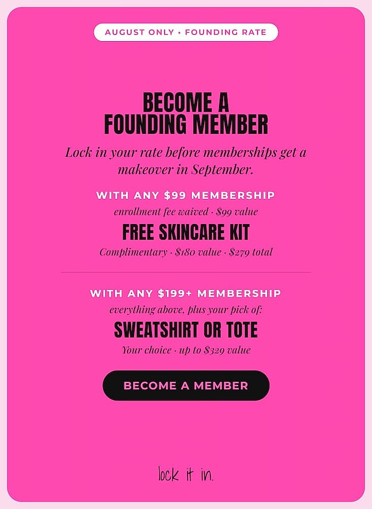 Membership promotion with skincare and merchandise offers.