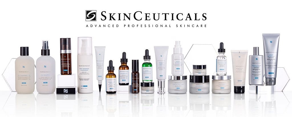 SkinCeuticals skincare product lineup display.