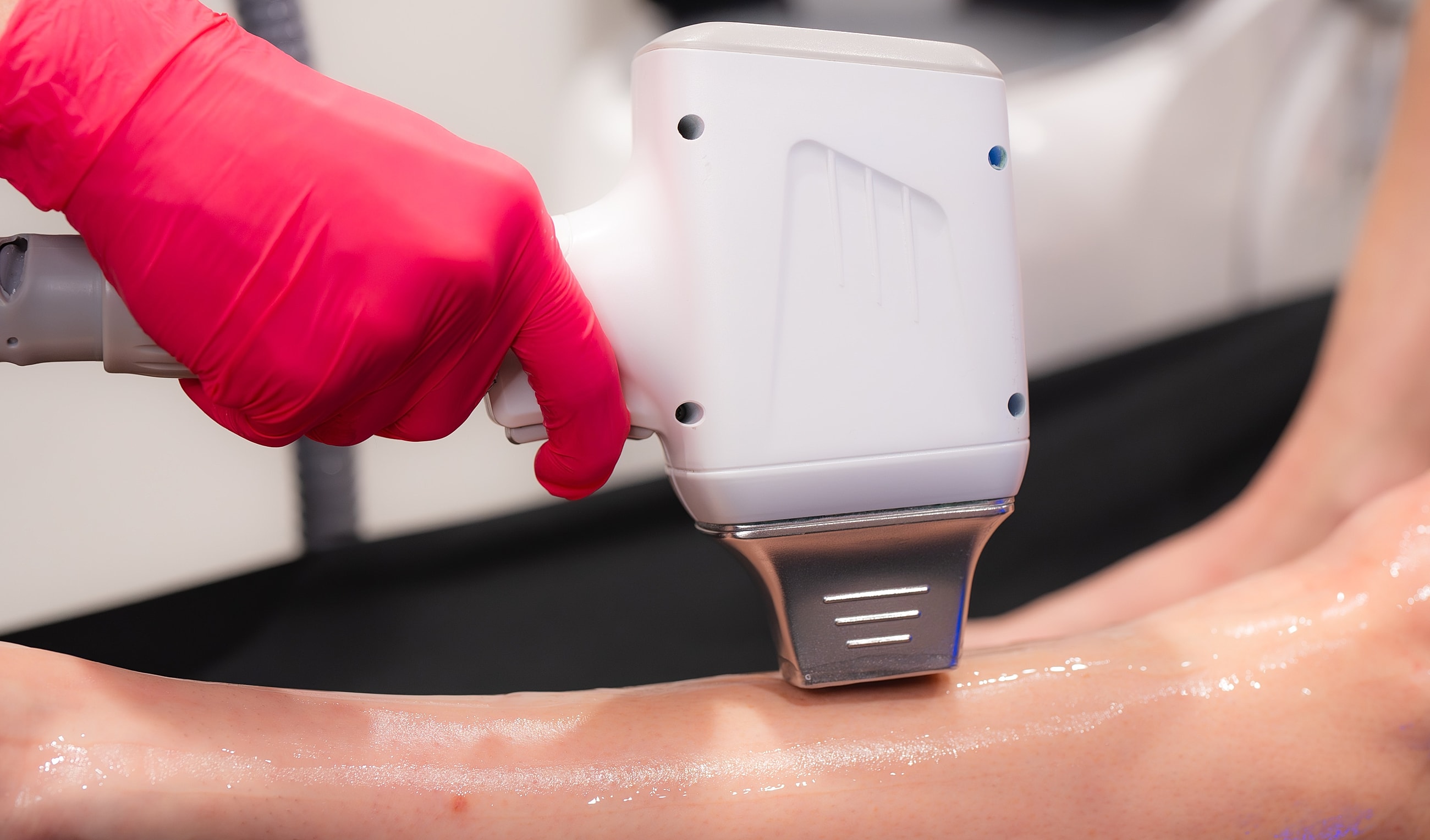 Legs positioned elegantly on a gray background