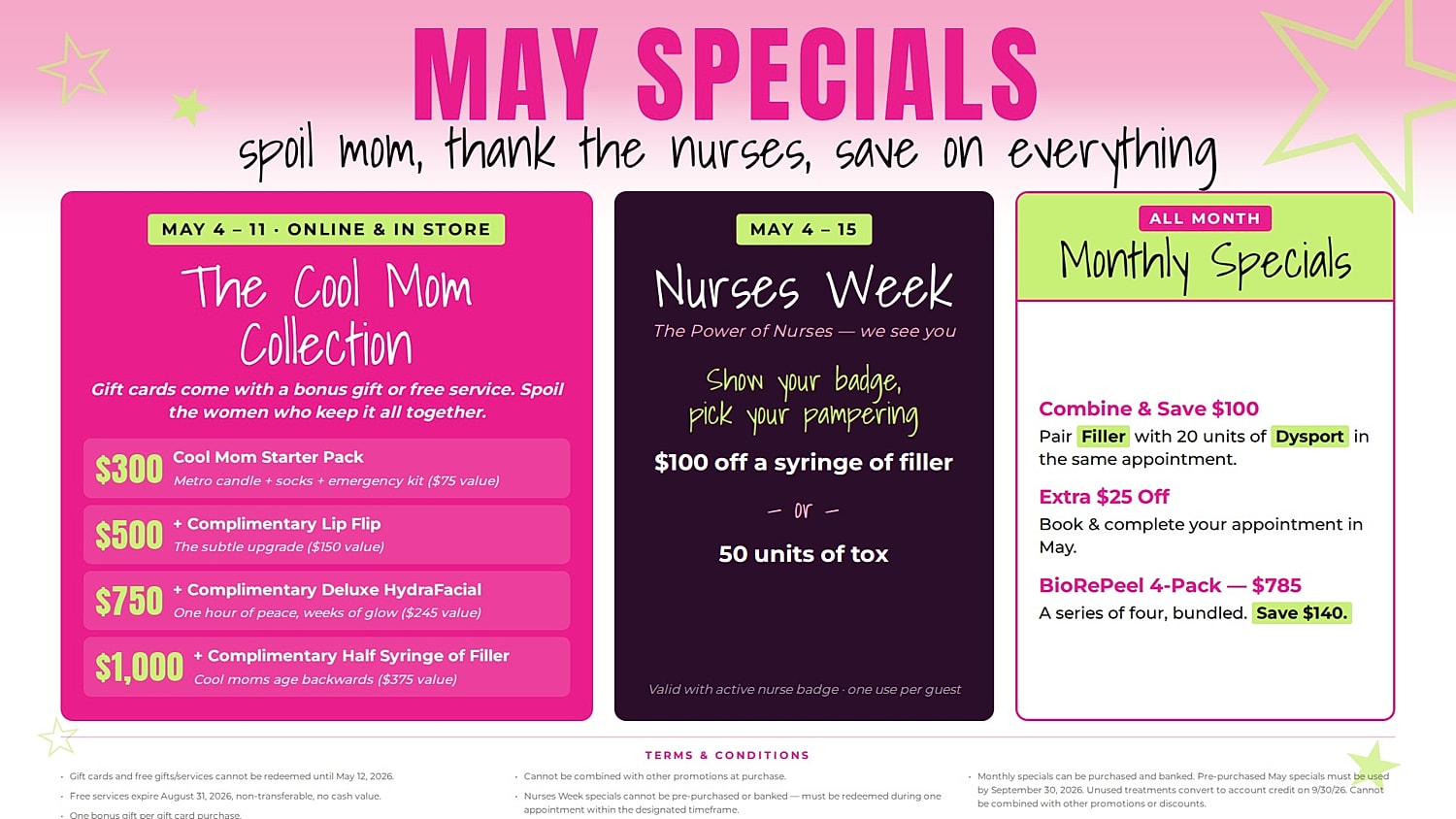 May specials for Mother's Day and Nurses Week.